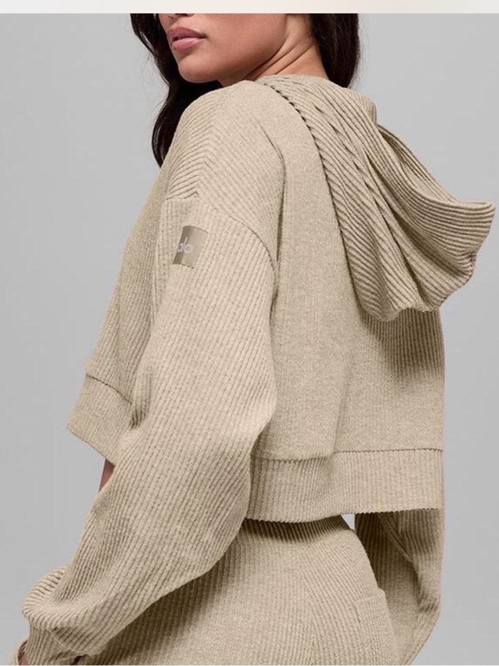 ALO Yoga Muse Cropped Hoodie in Gravel Heather - Picture 2 of 7